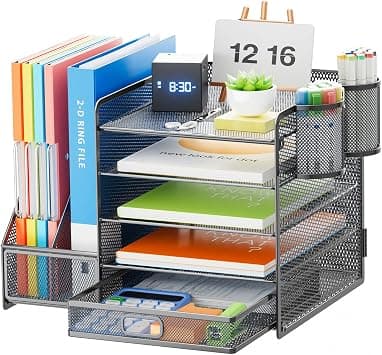 Marbrasse 5-Tier Paper Letter Tray Organizer with Drawer and Pen Holder, Mesh Desktop Organizer and Storage with Magazine Holder for Office Supplies (Grey) on Amazon.ae - Price Tracker