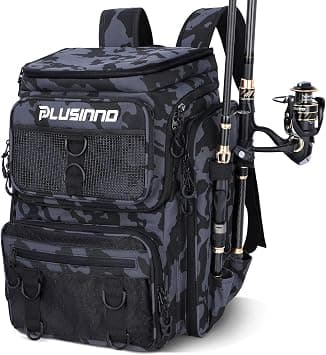 PLUSINNO Fishing Backpack with Rod Holders, 42L Large Water-resistant Tackle Bag for Fishing, Camping, Hiking, Gifts for Men, Black Camo على Amazon.ae - متتبع الأسعار