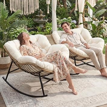 NICESOUL Indoor Outdoor Rocking Papasan Chair Set of 2 with Cushions, Comfy Oversized Patio Padded Rockers, All Weather Double Wicker Egg Gliders, 450Lbs Wide Sturdy Recliner Lounge Loveseat, Beige on Amazon.ae - Price Tracker