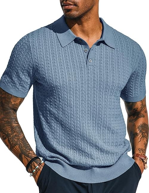 PJ PAUL JONES Mens Knit Polo Shirt Short Sleeve Hollow Out Knit Shirt Texture Knitted Polo on Amazon.ae - Price Tracker