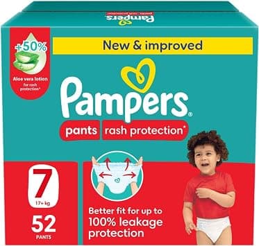 Pampers Rash Protection, Size 7, 17+ kg, Jumbo Box, 52 Diaper Pants - متتبع أسعار Amazon.sa