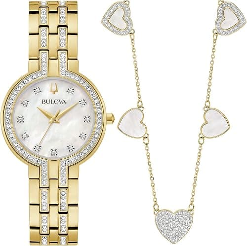 Bulova-Ladies' Crystal Gold-Tone Stainless Steel Box Set with White Mother-of-Pearl Dial 3-Hand Quartz-Watch and MOP Crystal Accent Hearts Pendant-Necklace, 30mm Style:98X138 on Amazon.ae - Price Tracker