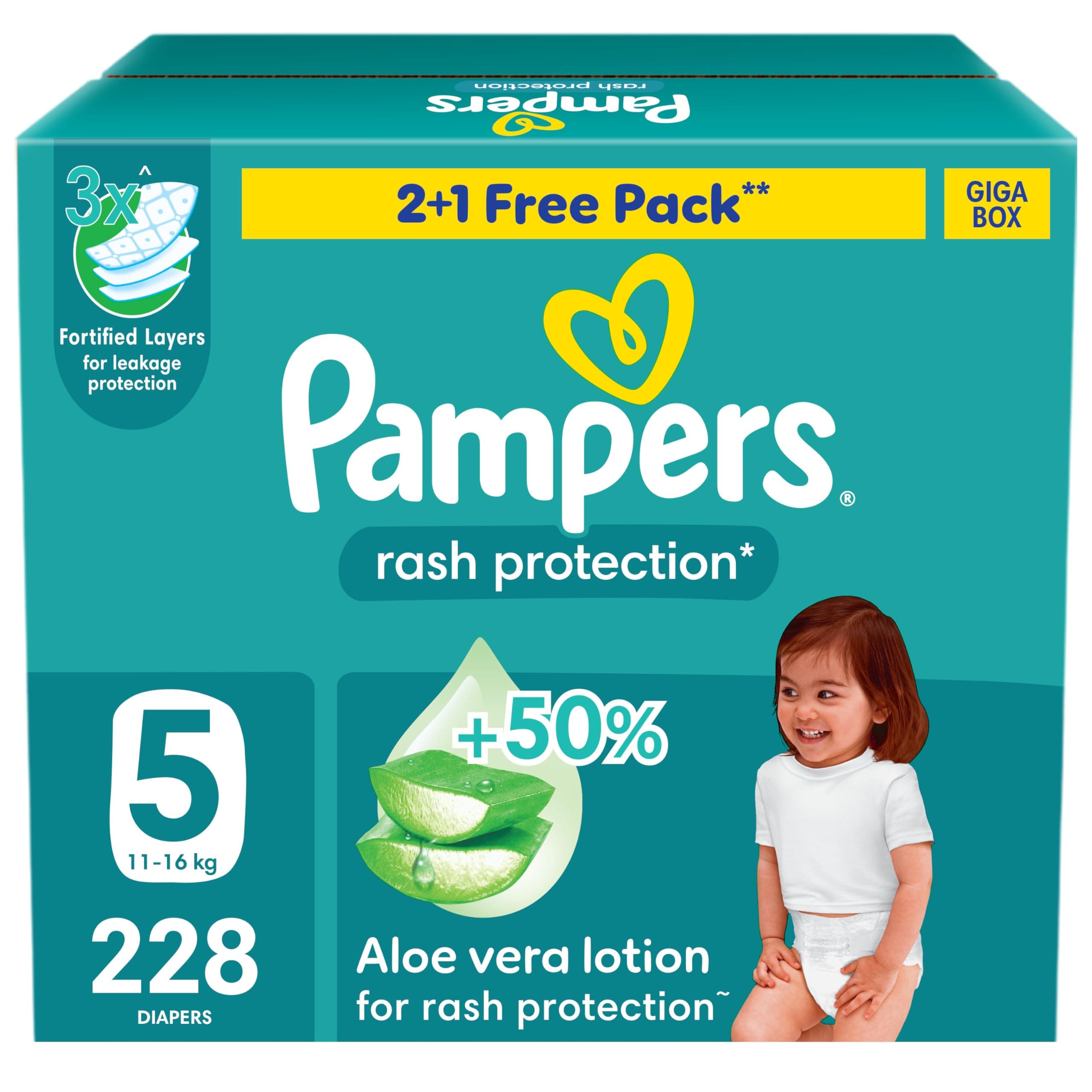 Pampers Rash Protection Taped Diapers, Size 5, 11-16kg, +50% Aloe Vera Lotion for Rash Protection, 3x Fortified Layers for Leakage Protection, Giga Box, 228 Count on Amazon.ae - Price Tracker
