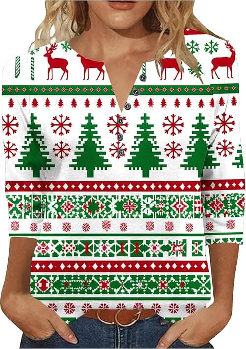 Christmas T Shirt Women Funny Christmas Tee Shirts Long Sleeve Tops V Neck Jumpers Xmas Tree Funny Snowflakes Graphic T Shirts Sweatshirts Novelty Jumper Loose Blouse Pullover Tops on Amazon.ae - Price Tracker