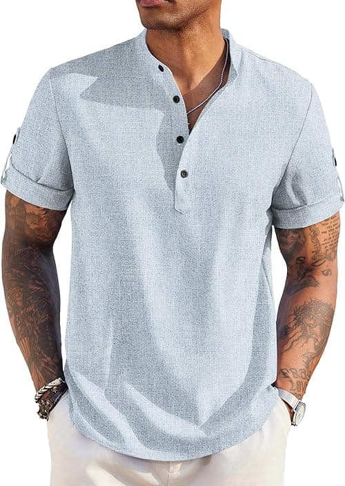 COOFANDY Men's Casual Henley Shirt Short Sleeve Band Collar Linen Shirt Summer Beach Hippie T-Shirts on Amazon.ae - Price Tracker