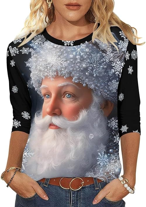 Christmas Jumper Women UK Funny Christmas Tee Shirts Ladies Round Neck 3/4 Sleeve T Shirt Xmas Tree Santa Cruz Print Blouse Pullover Novelty Xmas Tops Dressy Shirts Holiday Blouse on Amazon.ae - Price Tracker