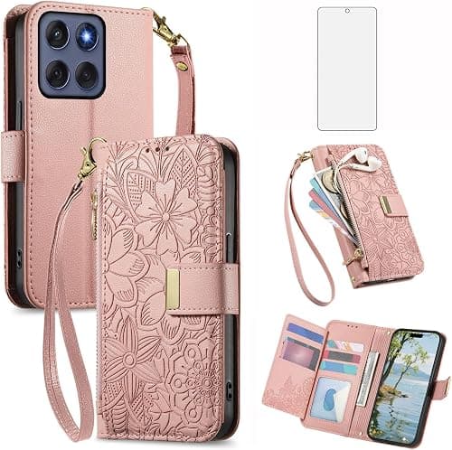 Asuwish Phone Case for Motorola Moto G67 5G Wallet Cover with Tempered Glass Screen Protector and Card Holder Slot Zipper Wrist Strap Stand Protective Cell MotoG67 G 67 G77 77 G5 Women Men Rose Gold على Amazon.ae - متتبع الأسعار