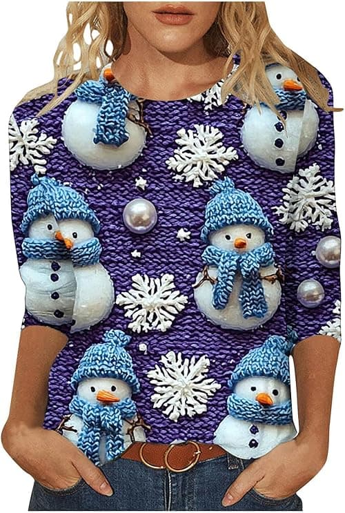Christmas Blouse For Women Uk Rude Xmas Jumper Plus Size 3/4 Sleeve Top Round Neck Tshirt Cute Santa Snowman Print Jumper Funny Christmas Jumpers Tunic Top Casual Party Xmas Tshirt on Amazon.ae - Price Tracker