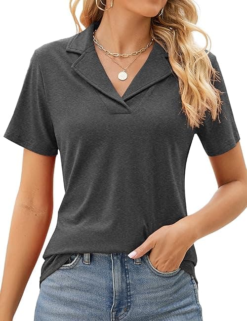Rapbin Women's Polo Shirts Lapel Collar V Neck Short Sleeve Blouse Dressy Casual Tunic Tops on Amazon.ae - Price Tracker