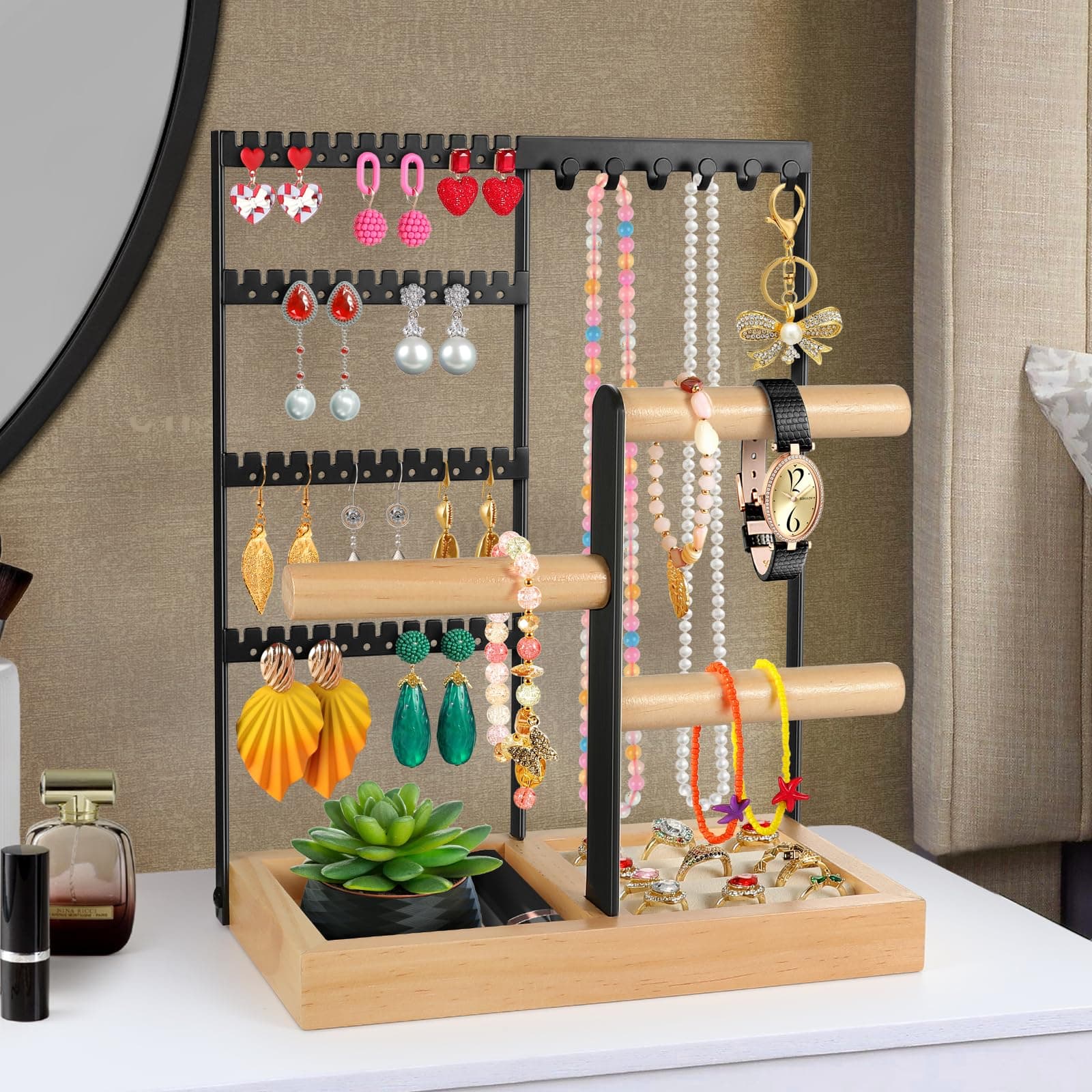 Godboat Jewelry Holder Organizer, 4-Tier Earring Holder with 48 Holes, 6 Hooks Necklace Holder, Removable Bracelet Holder, Gifts for Women, Mom, Mother's Day, Cool Preppy Stuff and Room Decor, Black on Amazon.ae - Price Tracker