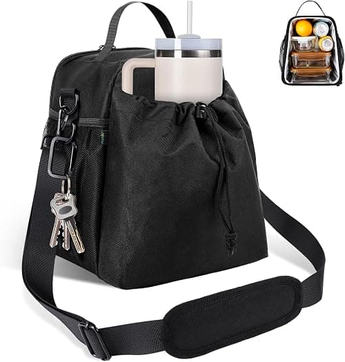 Insulated Lunch Bag with Adjustable Shoulder Strap, Portable Lunch Box with Water Bottle Holder Compatible with 30/40 oz Cups, Reusable Leak-proof Tote Bag for Office Work Picnic, Black on Amazon.ae - Price Tracker