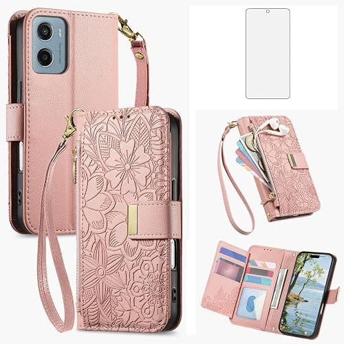 Asuwish Phone Case for Motorola Moto G05/E15 Wallet Cover with Screen Protector and Card Holder Slot Stand Zipper Magnetic Cell Accessories Flip Wrist Strap Protective GO5 E 15 G 05 Women Rose Gold على Amazon.ae - متتبع الأسعار