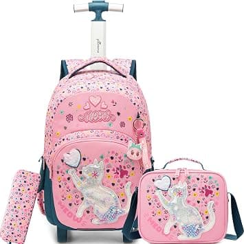 Rolling Backpack for Kids Backpack with Wheels for Girls Boys Wheeled Schoolbag Set with Lunch Bag & Pencil Case, A-pink Cat, 16.5*11.8*7.8in, Modern on Amazon.ae - Price Tracker