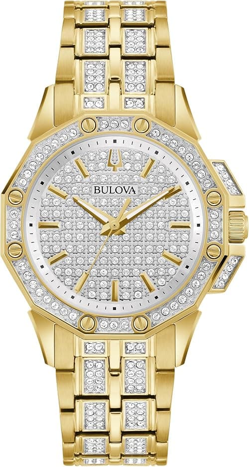 Bulova Ladies' Crystal Octava Gold Stainless Steel 3-Hand Quartz Watch, Crystal Bezel and Dial Style: 98L302, Gold, Octava Quartz Gold-Tone Stainless Steel Bracelet Crystal on Amazon.ae - Price Tracker