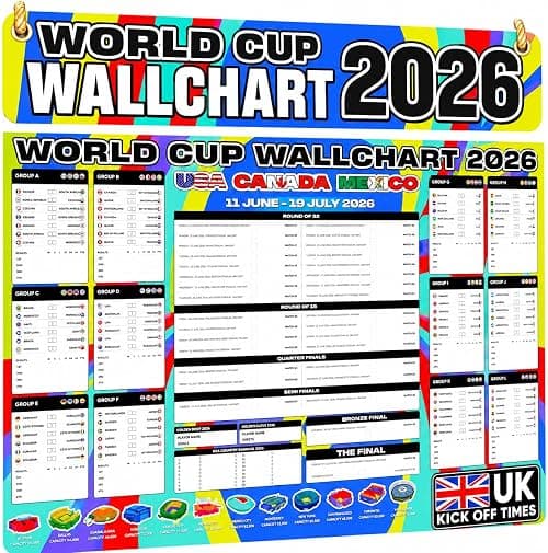 World Cup Football Wall Chart 2026 - Huge A1 Poster – Wall Planner Includes All Game Days, UK Kick Off Times, TV Channels & Stadiums from Official Data – Folded to A4 Size Multicoloured on Amazon.ae - Price Tracker