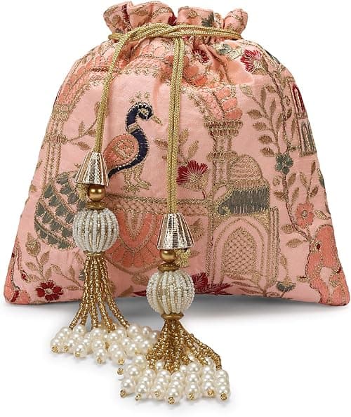 Luxury Embroidered Potli Bag, Silk with Gold Floral Pattern, Pearl Tassel Drawstring Closure, Traditional Wedding Pouch on Amazon.ae - Price Tracker