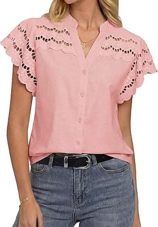 GRACE KARIN Womens Summer Eyelet Tops Dressy Casual,Ruffle Short Sleeve Button Down Shirts,V Neck Embroidered Cotton Blouses on Amazon.ae - Price Tracker