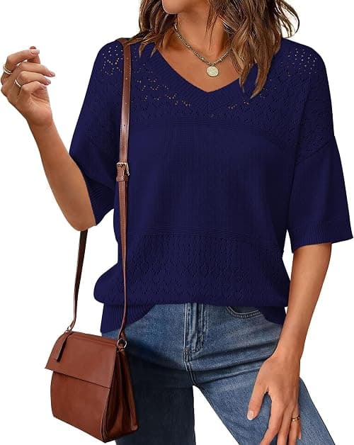 PRETTYGARDEN Women's Short Sleeve Sweater Tops 2026 Spring Summer Casual V Neck Ribbed Knit Trendy Eyelet Blouse T Shirts on Amazon - Best Deal Finder