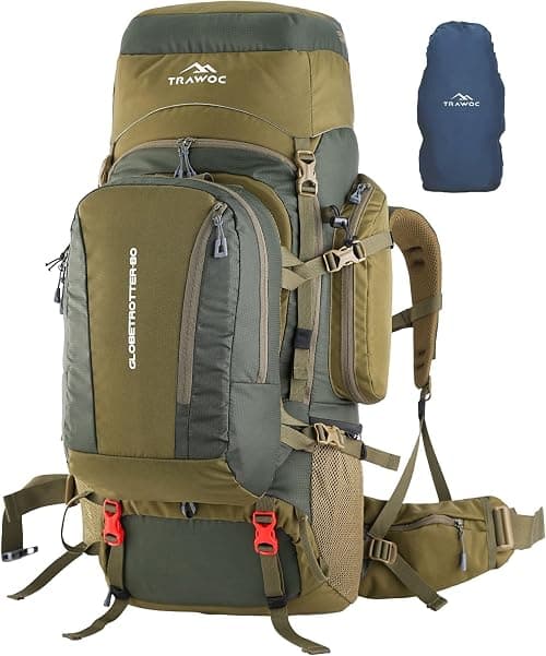 TRAWOC GLOBETROTTER 80 Liter (70+10) Internal Metal & Fiber Frame Rucksack Bag for Men & Women Trekking, Hiking Travel Backpack with Detachable Daypack, Rain Cover and Shoe Compartment. على Amazon.ae - متتبع الأسعار