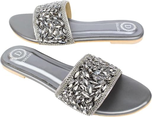 Dollar's Fashion Open Toe Slip On Flats Women Sandals, Crystal Embellished Elegant Synthetic Leather Ladies Fashion Footwear على Amazon.ae - متتبع الأسعار