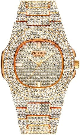 PINTIME Luxury Mens/Womens Unisex Diamond Watch Bling Iced-Out Watch Oblong Wristwatch Crystal Quartz Watch on Amazon.ae - Price Tracker