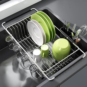 Dish Drying Rack in Sink, Expandable Stainless Steel Dish Drainers for Kitchen Counter, Dish Dryer Rack for Inside Sink, Dish Drainer for Kitchen Counter with Cutlery Holder (Silver) على Amazon.ae - متتبع الأسعار