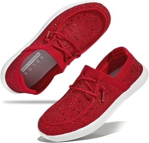 BELOS Women's Rhinestone Lace Up Loafers Shoes Comfortable Slip On Mesh Knit Walking Shoes Fashion Lightweight Sparkly Glitter Sneaker on Amazon.ae - Price Tracker