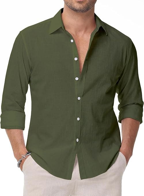 Linen Shirts for Men Casual Button Down Long Sleeve Shirt Solid Summer Beach Hawaiian Shirts on Amazon.ae - Price Tracker