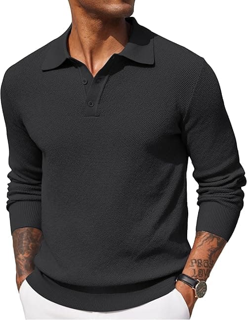 COOFANDY Mens Knit Polo Shirts Long Sleeve Casual Polo Sweaters Shirt Waffle Textured Collared Sweater on Amazon.ae - Price Tracker