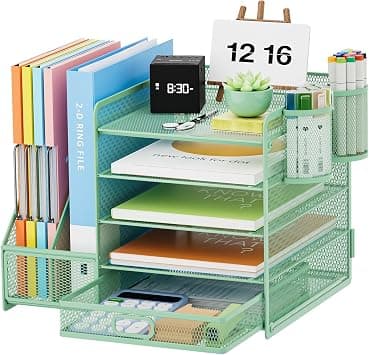Marbrasse Desk Organizer with File Holder, 5-Tier Paper Letter Tray Organizer with Drawer and 2 Pen Holder, Mesh Desktop Organizer and Storage with Magazine Holder for Office Supplies (Green) on Amazon.ae - Price Tracker