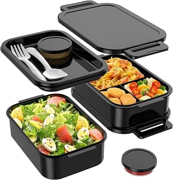 Jelife Adult Bento Box Lunch Box - Large Style Stackable Bento Lunch Box for Adults, 72oz All-in-One 3 Layers Bento Boxes Leak-Proof Lunchbox with Utensil Sauce Containers for Dining Out,Work, Black على Amazon.ae - متتبع الأسعار