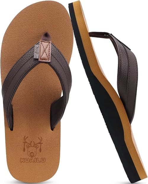 KuaiLu Men's Leather Flip Flops Arch Support Summer Beach Pool Water Thong Sandals Waterproof Rubber Walking Shoes Slip on Orthotic Casual Sport Cushioned Wide Slides on Amazon.ae - Price Tracker