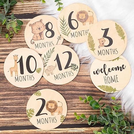 COOLive Baby Monthly Milestone Cards Sign - 7 Double Sided Animals Marker Wooden Circles Discs Newborn Photography Prop, Pregnancy Journey Birth Announcement Sign Baby Boy and Girl Gift Sets on Amazon.ae - Price Tracker