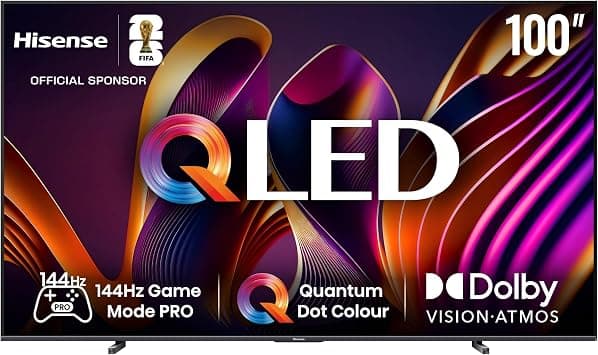 Hisense 100 Inch QLED, VIDAA U8, Smart TV, Dolby Atmos, 144Hz Game Mode Pro, Quantum Dot Colour, Built-in Subwoofer, Full Array, AI Adaptive - متتبع أسعار Amazon.sa