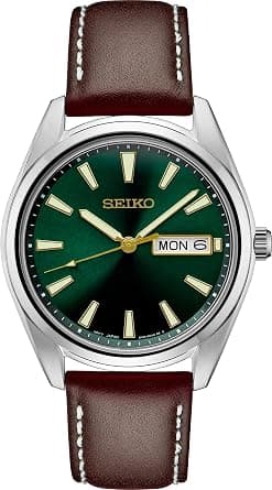 SEIKO Watch for Men - Essentials - with Day/Date Calendar, LumiBrite Hands and Markers, Leather Bracelet, 100m Water-Resistant on Amazon.ae - Price Tracker