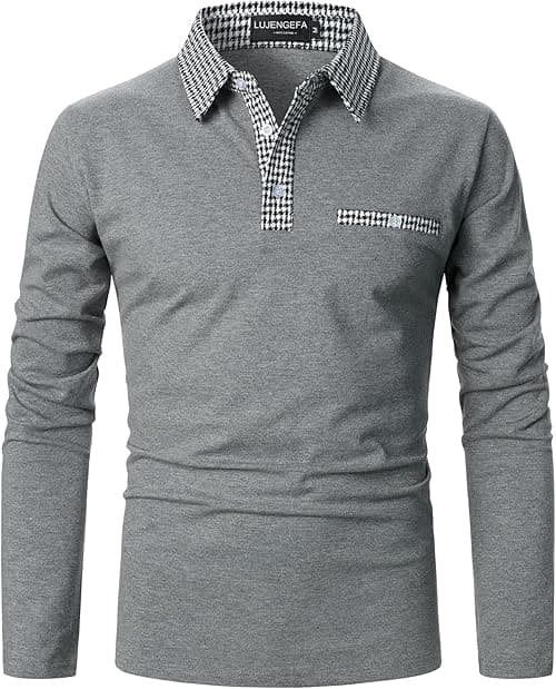 Mens Polo Shirts Long Sleeve Casual Slim fit Houndstooth Collar Golf Polo T Shirts Cotton Tops for Men on Amazon.ae - Price Tracker