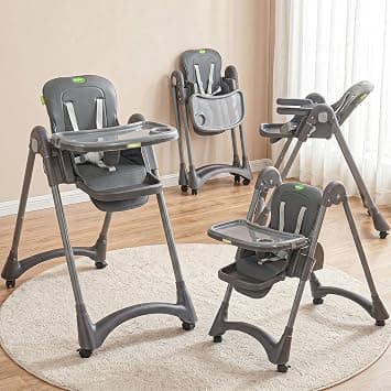 BAYBEE High Chair for Baby 6 to 18 Months | Adjustable Baby Feeding Chair with Reclining Backrest, Foldable Design, Double Tray, Footrest, Safety Harness & Wheels (Grey) on Amazon.ae - Price Tracker