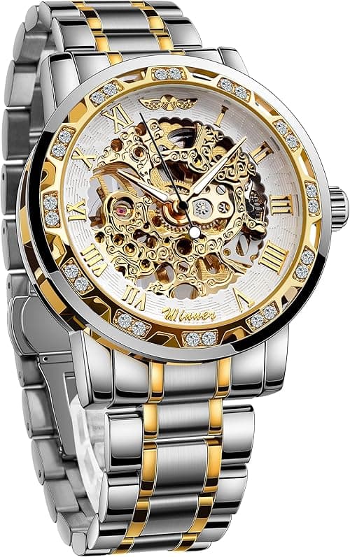 Winner Retro Manual Mechanical Skeleton Watch with Diamond and Carving Flower Craft Men Skeleton Wrist Watch Mechanical Classic Roman Number on Amazon.ae - Price Tracker
