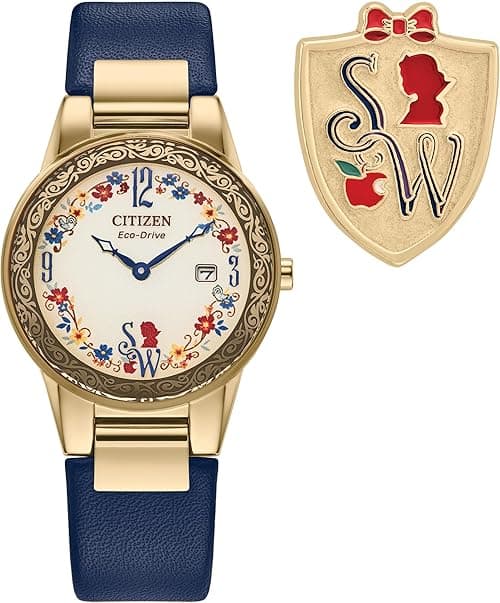 Citizen Ladies' Eco-Drive Disney Princess Snow White Gold Stainless Steel Case with Blue Leather Strap Watch and Pin Gift Set, Pale Gold Dial, Date (Model: GA1079-41W) on Amazon.ae - Price Tracker