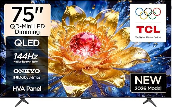 TCL 75T8D Television 75 Inch Smart TV 4K QD-Mini LED Dimming Colorful Quantum Crystal HDR 10+ Gaming Google TV, 144Hz Native Refresh Rate, ONKYO 2.1 Hi-Fi, Dolby Vision Atmos, Game Master (2026 Model) على Amazon.ae - متتبع الأسعار