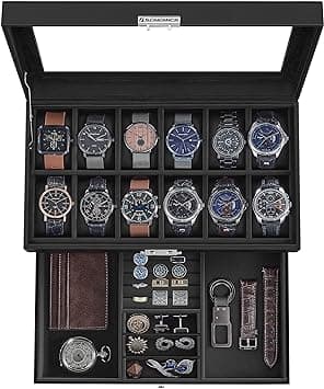 SONGMICS 12-Slot Watch Box, Lockable Watch Case with Glass Lid, 2 Layers, with 1 Drawer for Rings, Bracelets, Gift Idea, Black Synthetic Leather, Black Lining UJWB012B03 on Amazon.ae - Price Tracker