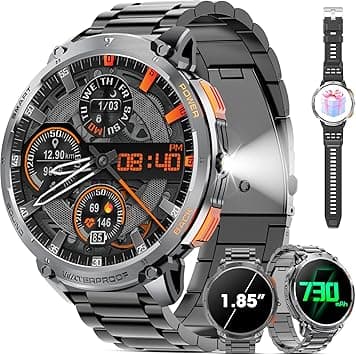 Military Smart Watch for Men 1.85" HD 730mAh Battery Smart Watches with LED Flashlight for Android iOS (Bluetooth Call Answer/Dial Calls) Fitness Tracker with Heart Rate Blood Black Steel Strip on Amazon.ae - Price Tracker