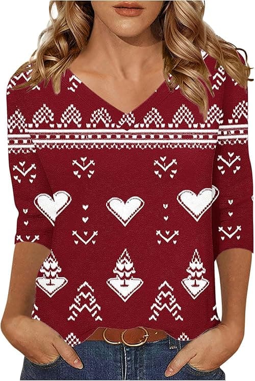 Christmas T Shirts Women Plus Size V Neck Jumpers, 3/4 Sleeve Tops Christmas Tree Jumpers, Funny Xmas Tshirt Oversized Blouses, Ugly Xmas Shirt Tunic Tops Loose Blouses Pullover on Amazon.ae - Price Tracker