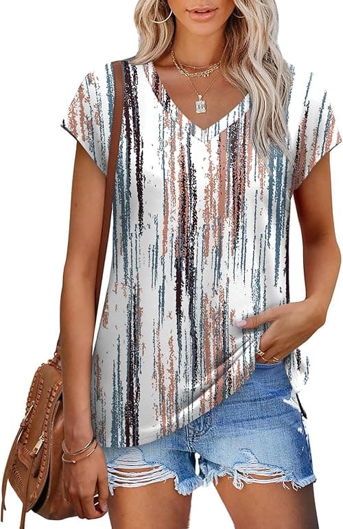 XIEERDUO Womens Tops V Neck Cap Sleeve Loose Fit Tee Shirts Summer Spring 2025 Eyelet/Printed on Amazon.ae - Price Tracker