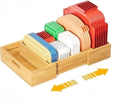 Angju Expandable Bamboo Lid Organizers Inside Cabinet, Kitchen Cabinet Organizers with 3 Adjustable Dividers, Storage Plastic Lids, Food Container Lid Holder Organizer for Drawer Pantry, Nature على Amazon.ae - متتبع الأسعار