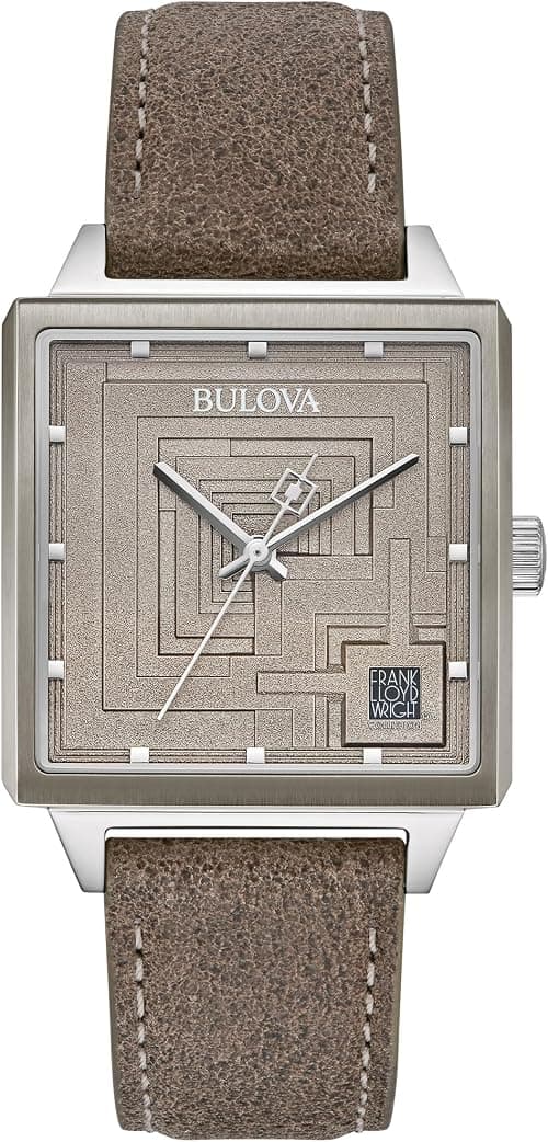 Bulova Men's Frank Lloyd Wright Limited Edition 'Ennis House' Silver Stainless Steel Watch, Grey Leather Strap Watch, Textured Medallion Grey Pattern Dial, 3 Hand (Model: 96A314) on Amazon.ae - Price Tracker