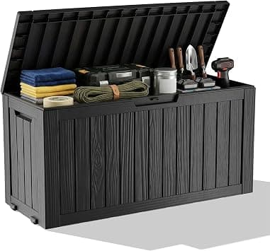 85 Gallon Outdoor Waterproof Resin Storage Deck Box Lockable Outside Bench UV Resistant Bin Patio Porch Furniture Pool Float Garden Tool Cushion Black - متتبع أسعار Amazon.sa
