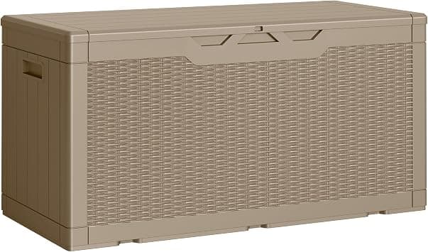 Greesum 100 Gallon Resin Deck Box Lockable Large Outdoor Storage Boxes for Garden Tools, Patio Furniture Cushions, Pool Supplies, Light Coffee - متتبع أسعار Amazon.sa