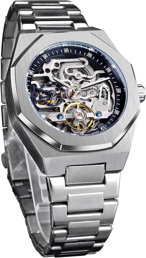 FORSINING Automatic Watch Mechanical Wrist Watch for Men Octagonal Waterproof Skeleton Watches Luxury Diamond Tourbillon Silver Stainless Steel Band on Amazon - Best Deal Finder