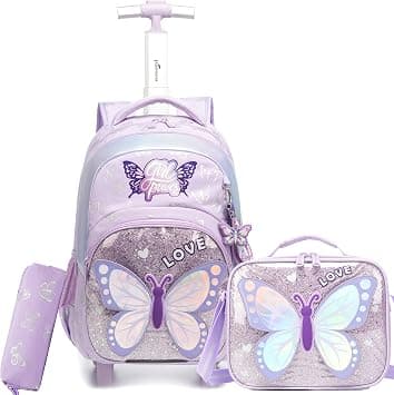 Rolling Backpack for Kids Backpack with Wheels for Girls Boys Wheeled Schoolbag Set with Lunch Bag & Pencil Case, A-purple Butterfly, 16.5*11.8*7.8in, Modern on Amazon.ae - Price Tracker